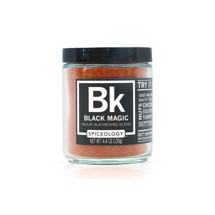 Jar of Spiceology black magic cajun blackening seasoning on a white background
