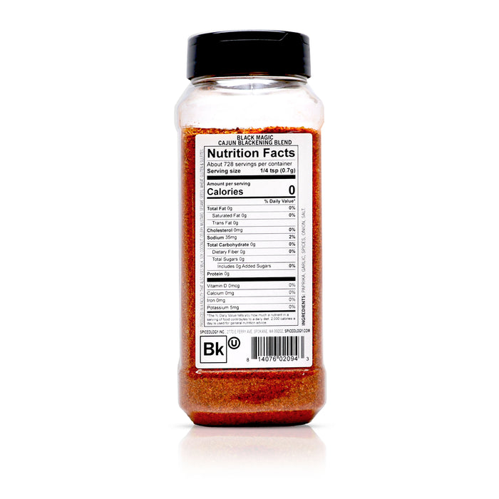 Back view of Spiceology Black Magic Cajun Blackening blend nutrition facts and ingredient information.
