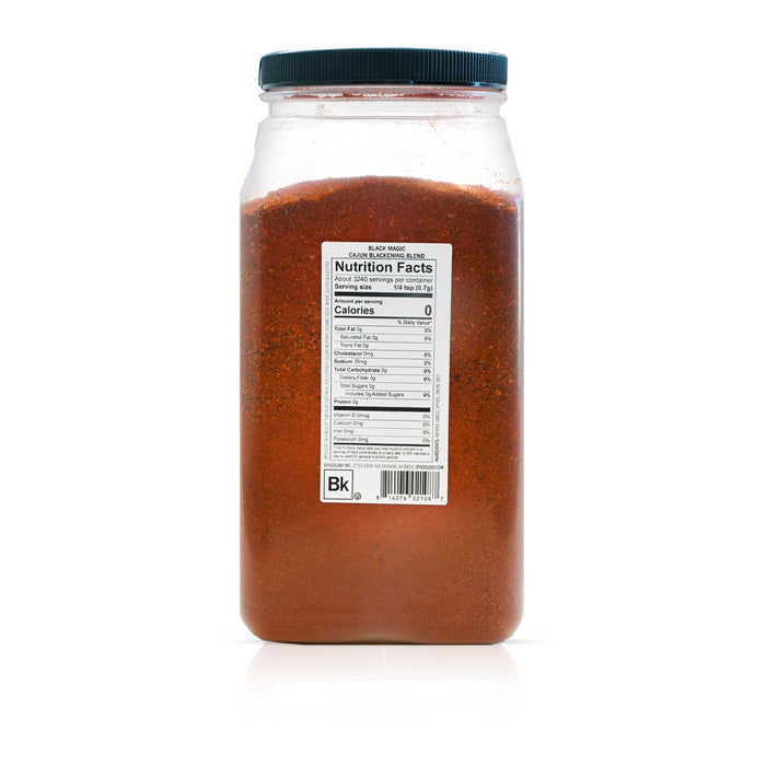 Back view of Spiceology Black Magic cajun blackening seasoning nutrition facts and ingredient information.