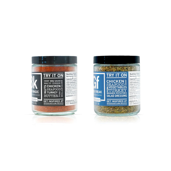 Two spice jars with labels on a white background