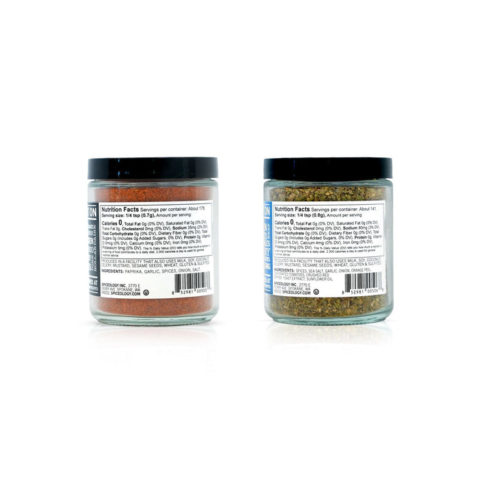 Two spice jars displaying nutrition facts and ingredient information on a white background