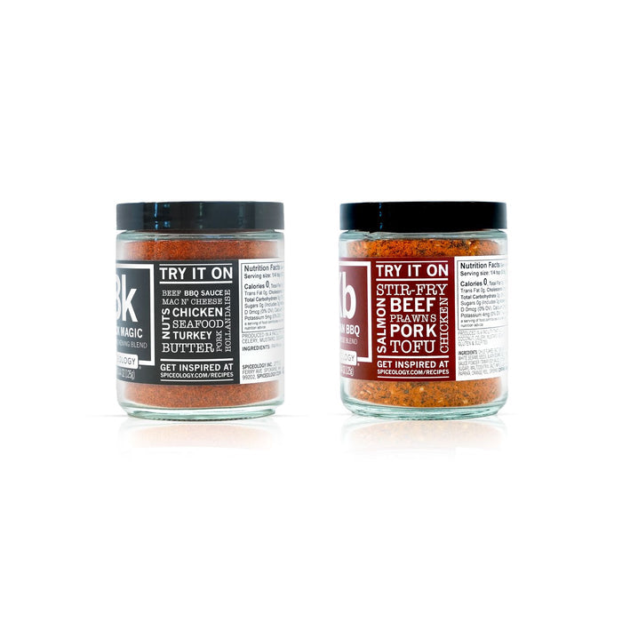 Two jars of Black Magic & Korean BBQ Seasoning Bundle with labels on a white background
