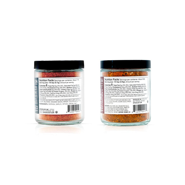 Two jars of Black Magic & Korean BBQ Seasoning Bundle blends nutrition facts labels a white background