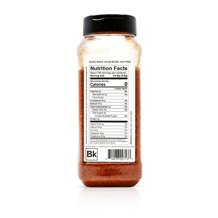 Back view of Spiceology Black Magic Cajun Blackening Salt-Free Blend nutrition facts and ingredient information.