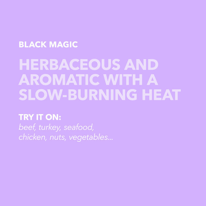 Light lavender flavor profile card for Spiceology Black Magic with headline Herbaceous and Aromatic with a Slow-Burning Heat and a list of suggested uses