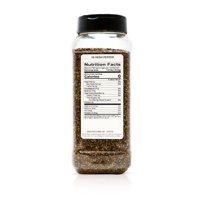 Back view of Spiceology 18 Mesh Pepper, Black nutrition facts and ingredient information.