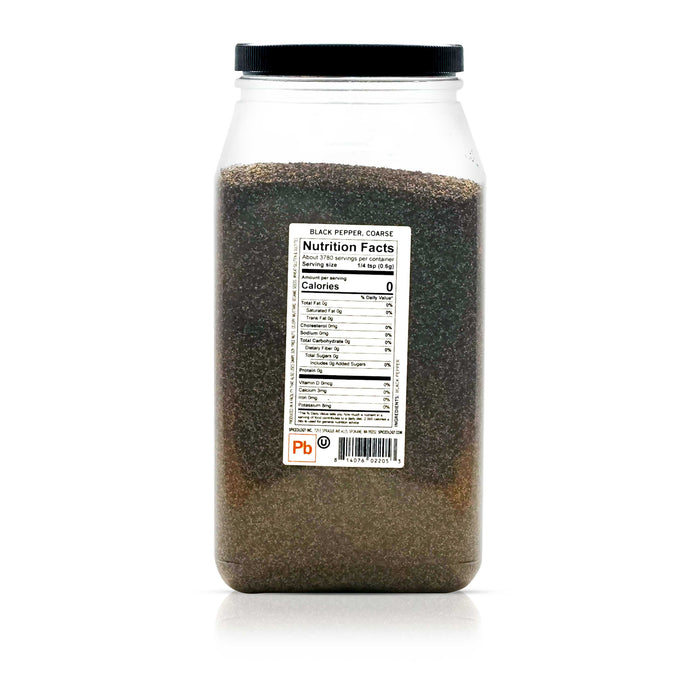 Back view of Spiceology course black pepper nutrition facts and ingredient information.
