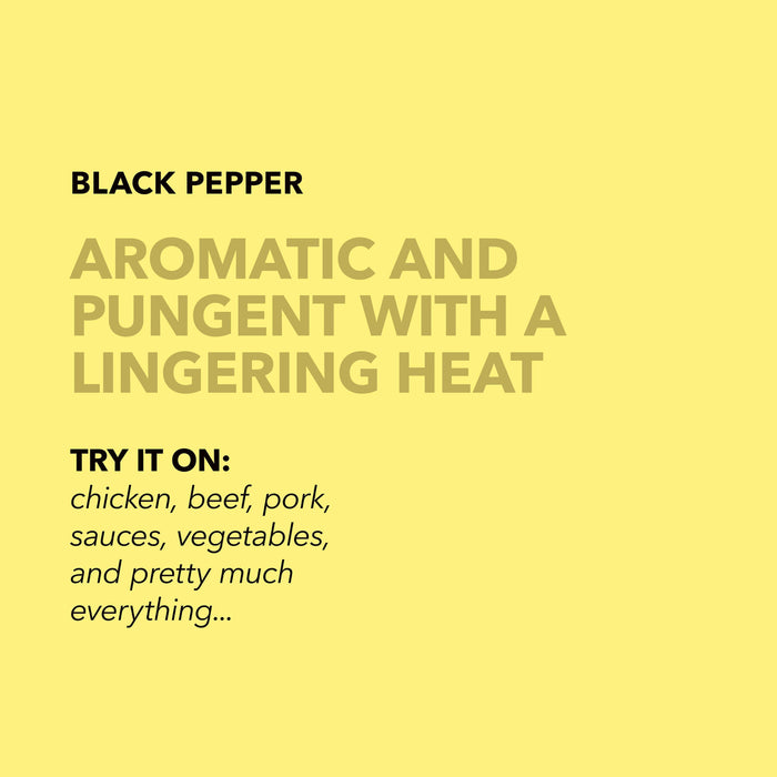 Light yellow flavor profile card for Spiceology Black Pepper with headline Aromatic and Pungent with a Lingering Heat and suggested uses including chicken, beef, and vegetables