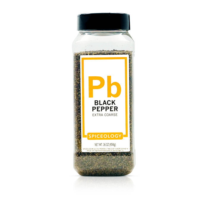 Bottle of Spiceology black pepper extra course on a white background
