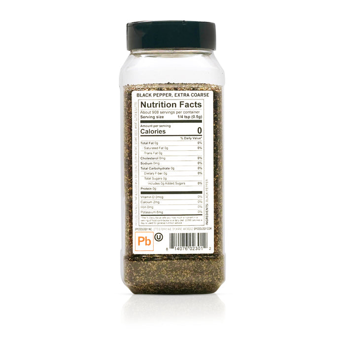 Back view of Spiceology Black Pepper Extra Coarse nutrition facts and ingredient information.