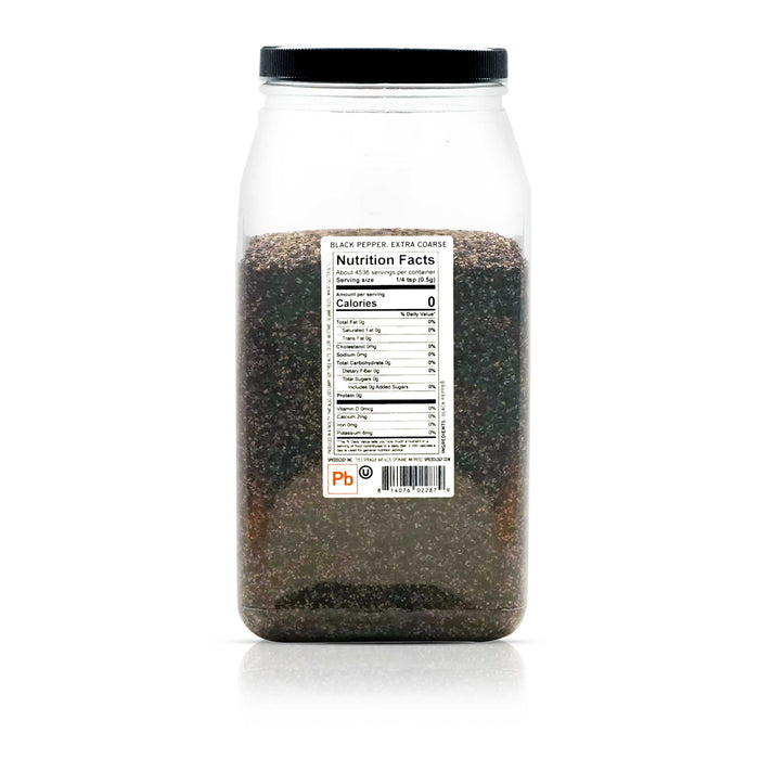 Back view of Spiceology Black Pepper, extra course nutrition facts and ingredient information.