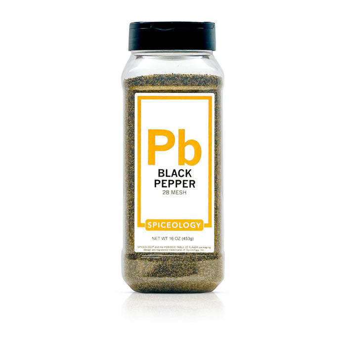 Bottle of Black Pepper, 28 mesh on a white background