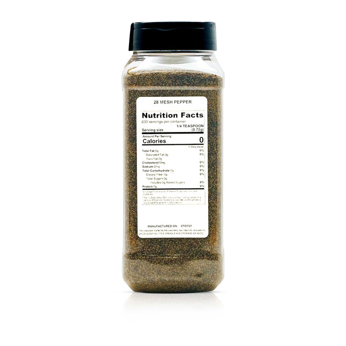 Back view of Spiceology Black Pepper, 28 mesh nutrition facts and ingredient information.