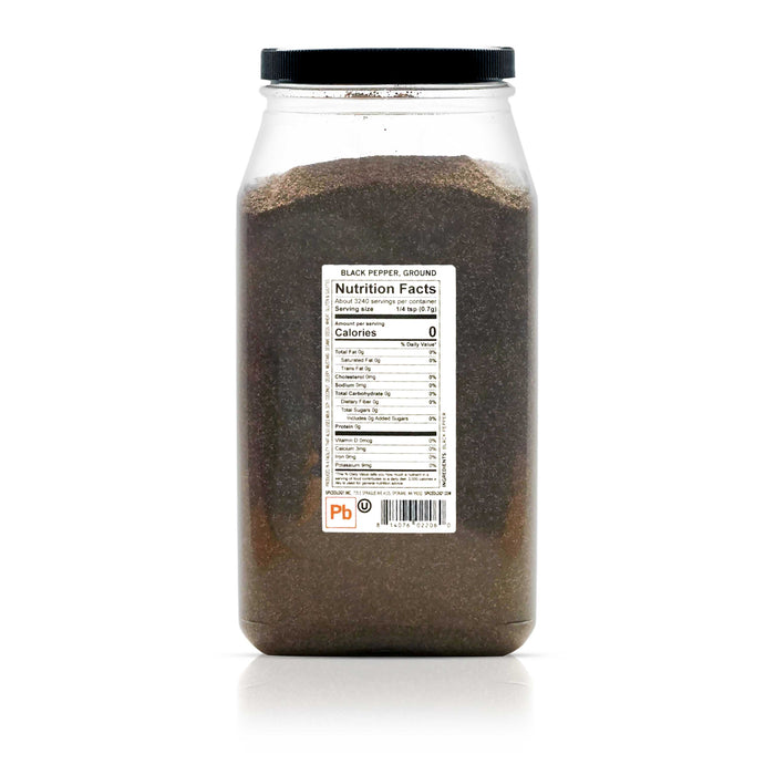 Back view of Spiceology Black Pepper, ground nutrition facts and ingredient information.