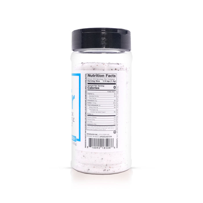 Side view of Spiceology Black Truffle Salt nutrition facts and ingredient information on a white background