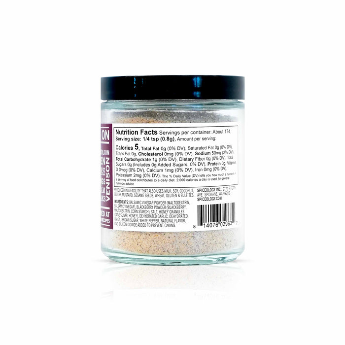Back view of Spiceology Blackberry Balsamic displaying nutrition facts and ingredient information.