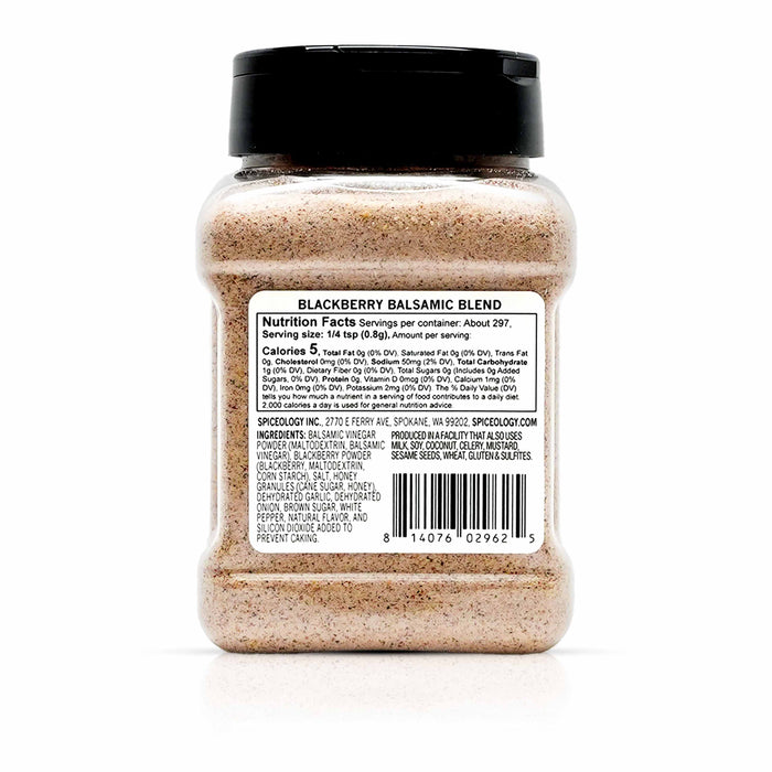 Back view of Spiceology blackberry balsamic blend nutrition facts and ingredient information.