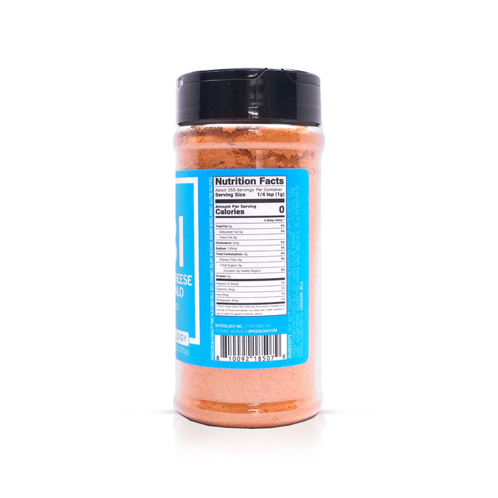Side view of Spiceology Bleu Cheese Buffalo Blend nutrition facts and ingredient information on a white background
