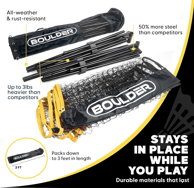 Boulder Portable Net - Foldable/Extendable Poles for Multiple Sports 17' Black/Yellow