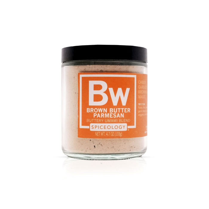 Jar of Brown Butter Parmesan seasoning with 'Bw' label on a white background