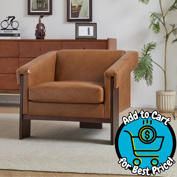 Brown Faux Leather Mid-Century Modern Accent Armchair – Wood Frame