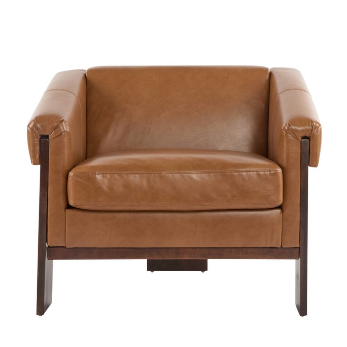 Brown Faux Leather Mid-Century Modern Accent Armchair – Wood Frame