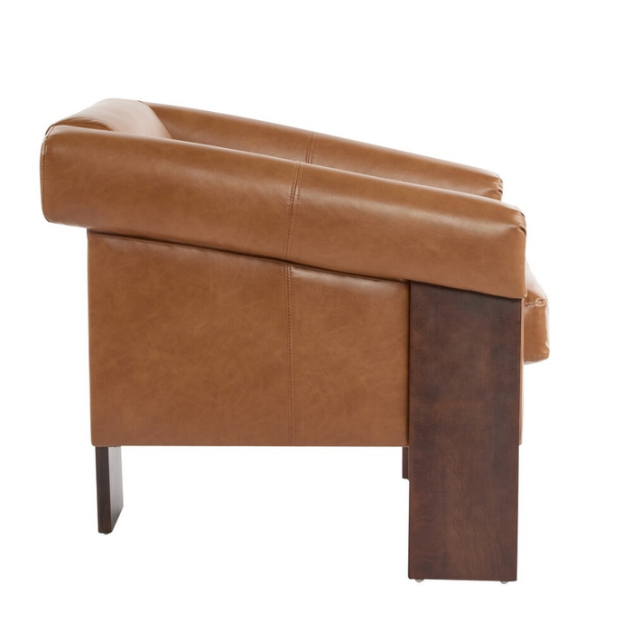 Brown Faux Leather Mid-Century Modern Accent Armchair – Wood Frame