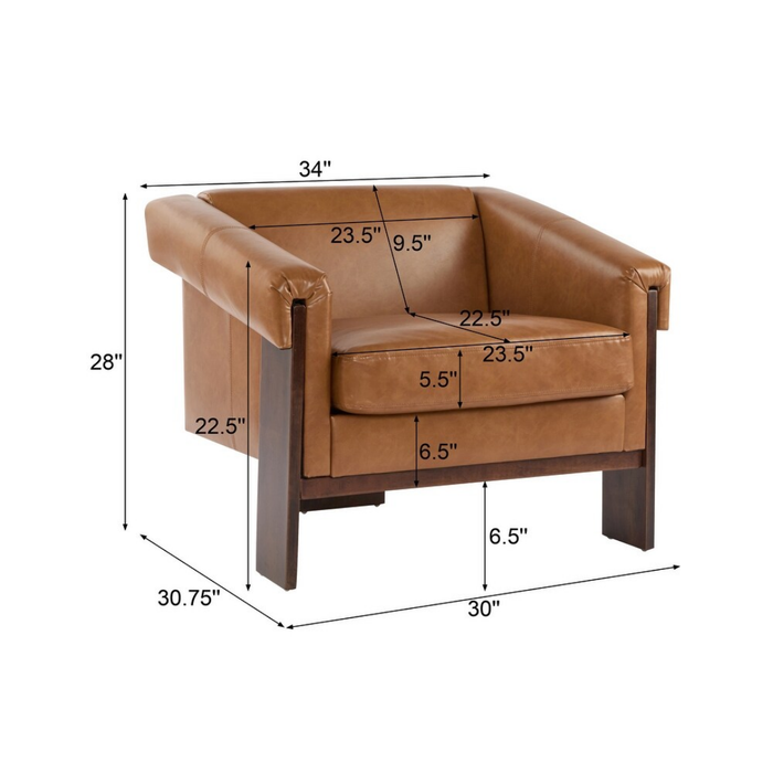 Brown Faux Leather Mid-Century Modern Accent Armchair – Wood Frame