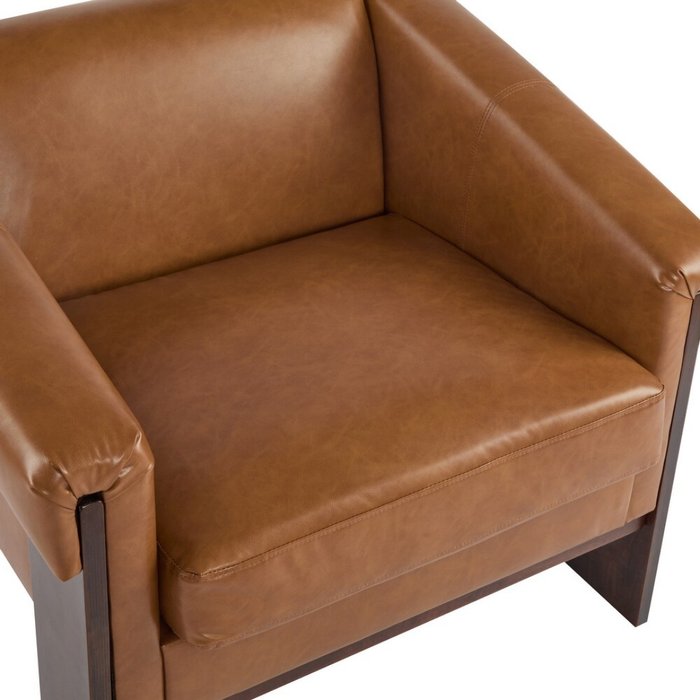 Brown Faux Leather Mid-Century Modern Accent Armchair – Wood Frame