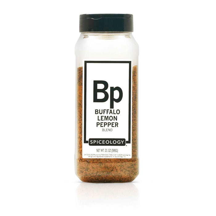 Spiceology Buffalo Lemon Pepper blend bottle on a white background