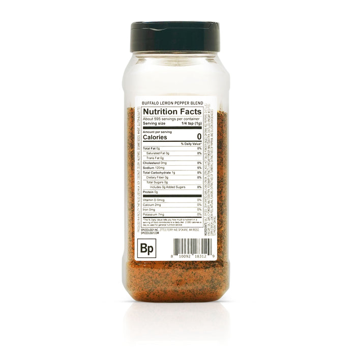 Back view of Spiceology Buffalo Lemon Pepper Blend nutrition facts and ingredient information.