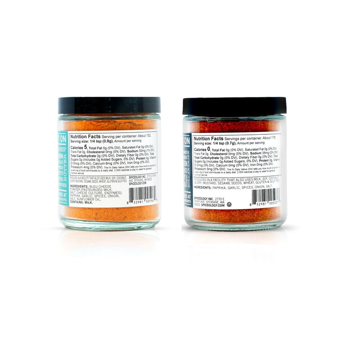 Two jars of Spiceology Cajun Bundle blends nutrition facts labels a white background