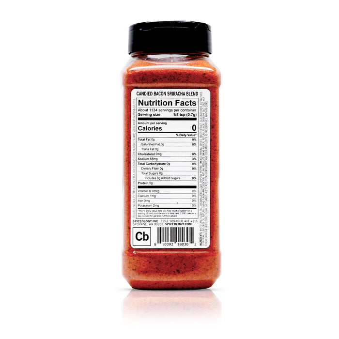 Back view of Spiceology Candied Bacon Sriracha Blend nutrition facts and ingredient information.