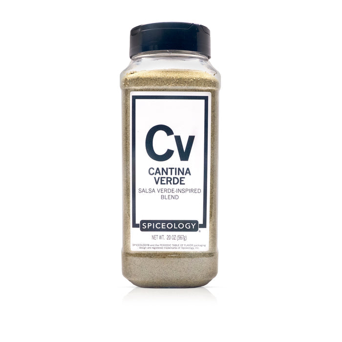 A clear plastic spice jar of Cv Cantina Verde Salsa Verde-Inspired Blend with a black lid and a white label, set against a plain white background.