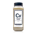 A clear plastic spice jar of Cv Cantina Verde Salsa Verde-Inspired Blend with a black lid and a white label, set against a plain white background.