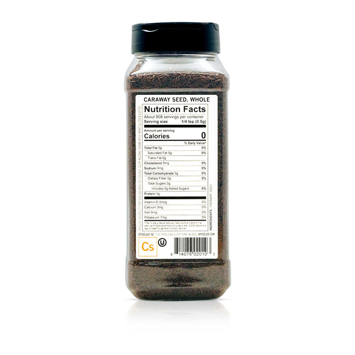 Back view of Spiceology caraway seed, whole nutrition facts and ingredient information.