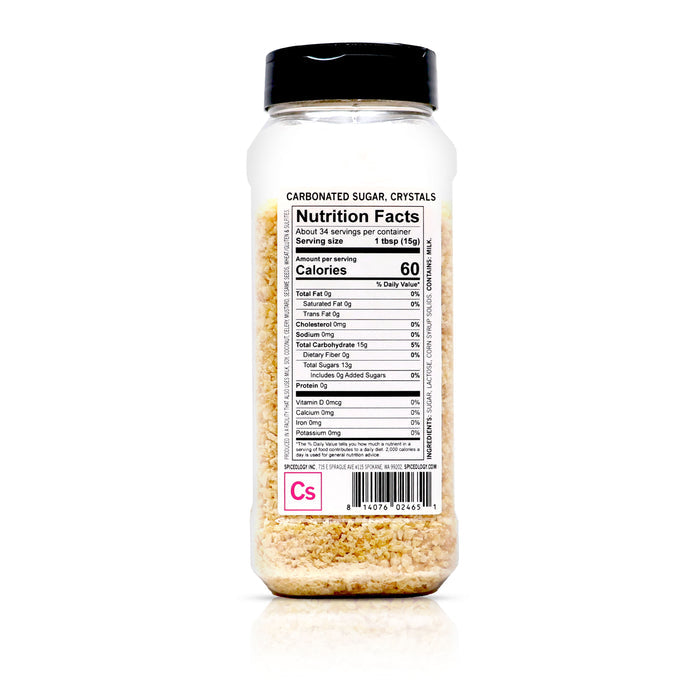 Back view of Spiceology Carbonated Sugar Crystals nutrition facts and ingredient information.