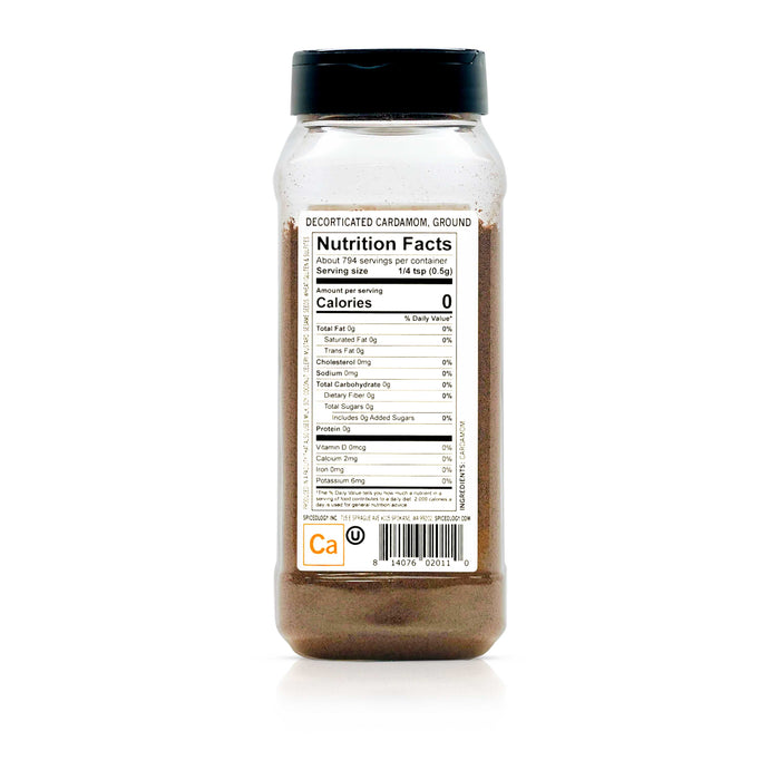 Back view of Spiceology Cardamom, ground nutrition facts and ingredient information.