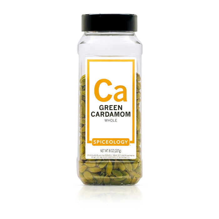 Bottle of Spiceology green cardamom on a white background