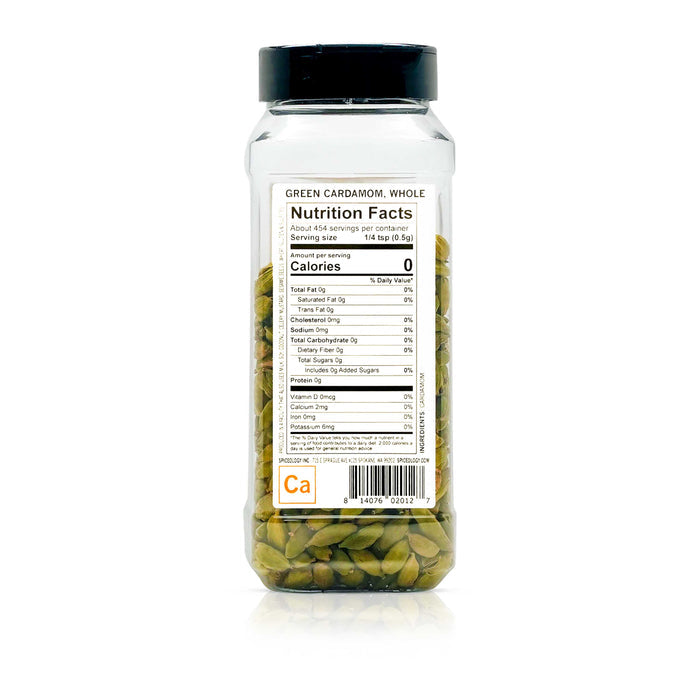 Back view of Spiceology Green Cardamom, whole nutrition facts and ingredient information.