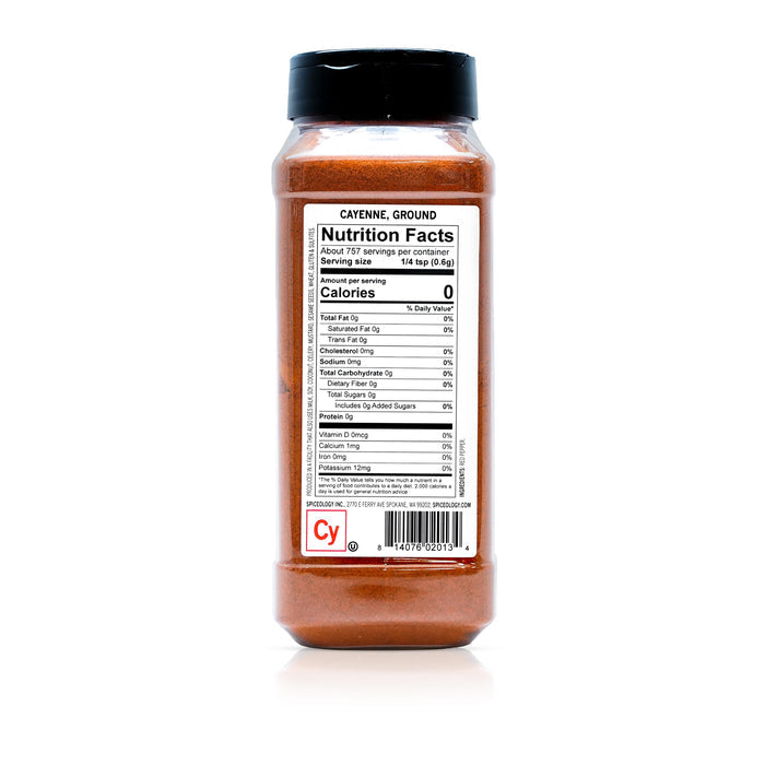 Back view of Spiceology cayenne, ground displaying nutrition facts and ingredient information