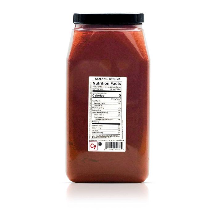 Back view of Spiceology Cayenne, ground nutrition facts and ingredient information.