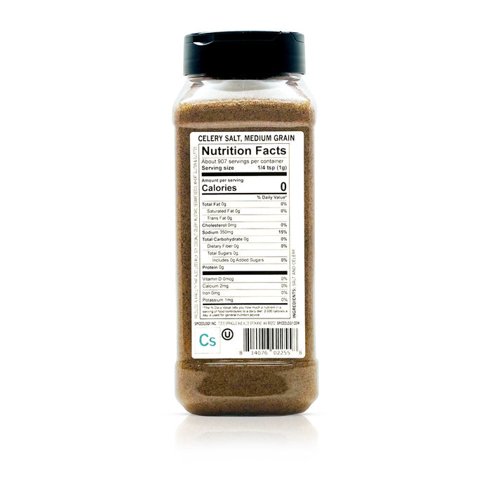 Back view of Spiceology Celery Salt, medium grain nutrition facts and ingredient information.