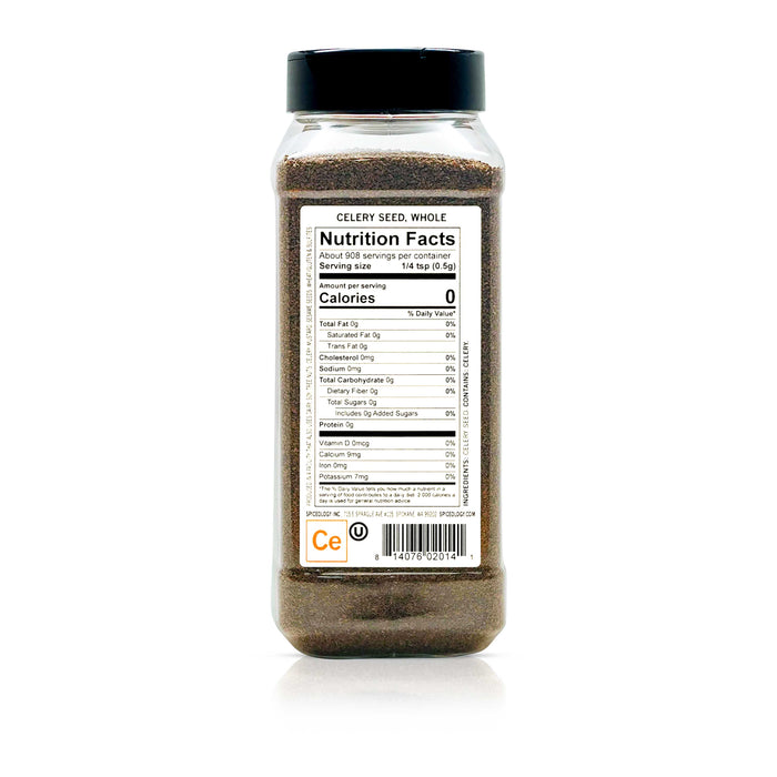 Back view of Spiceology Celery Seed, whole nutrition facts and ingredient information.
