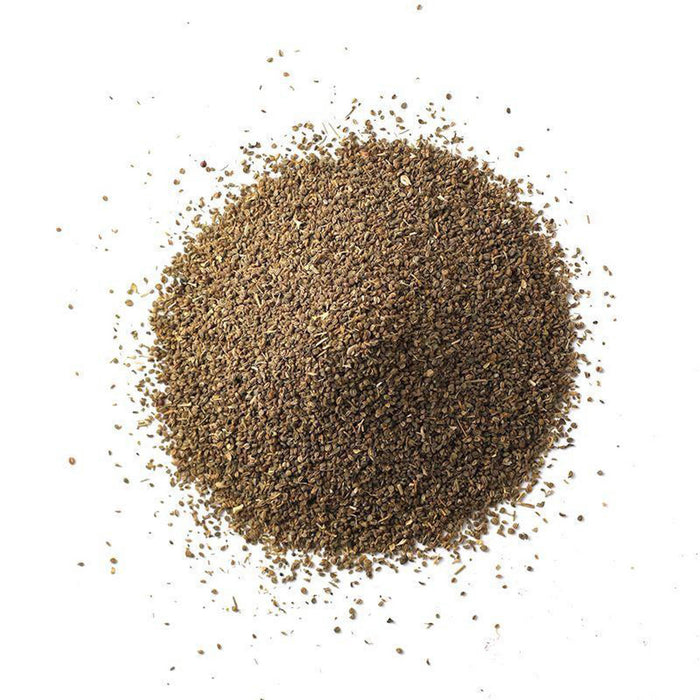 Closeup of tiny, tan-to-brown dried celery seeds