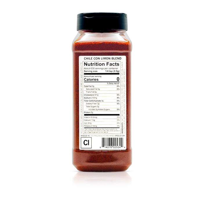 Back view of Spiceology Chile Con Limon blend nutrition facts and ingredient information.