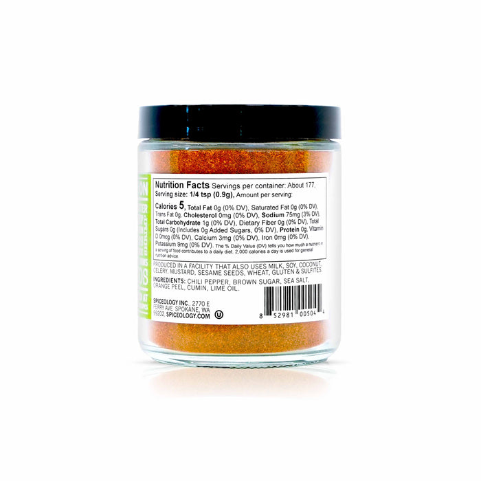 Back view of Spiceology Chile Margarita displaying nutrition facts and ingredient information.