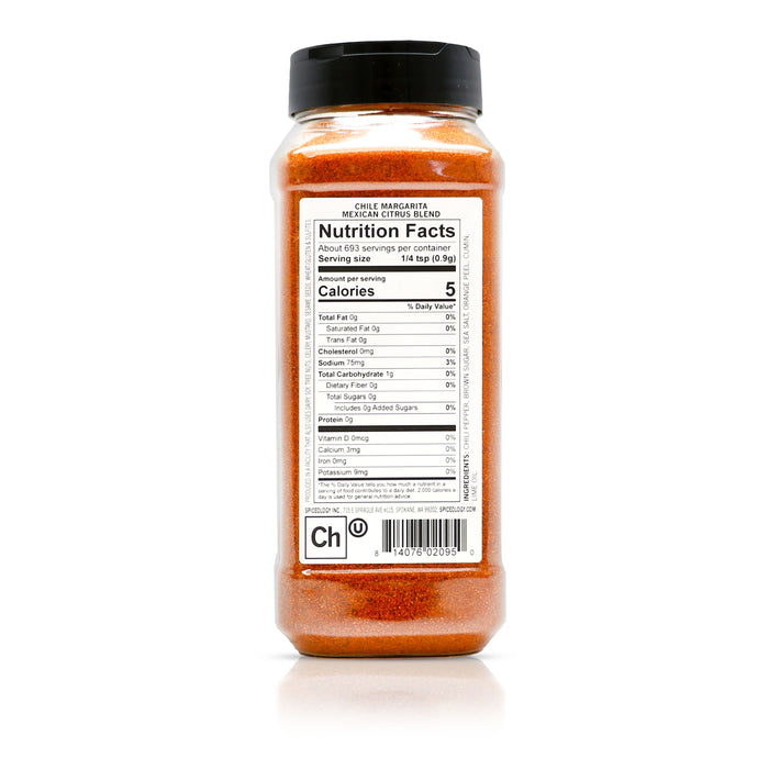 Back view of Spiceology Chile Margarita Mexican Citrus Blend nutrition facts and ingredient information.