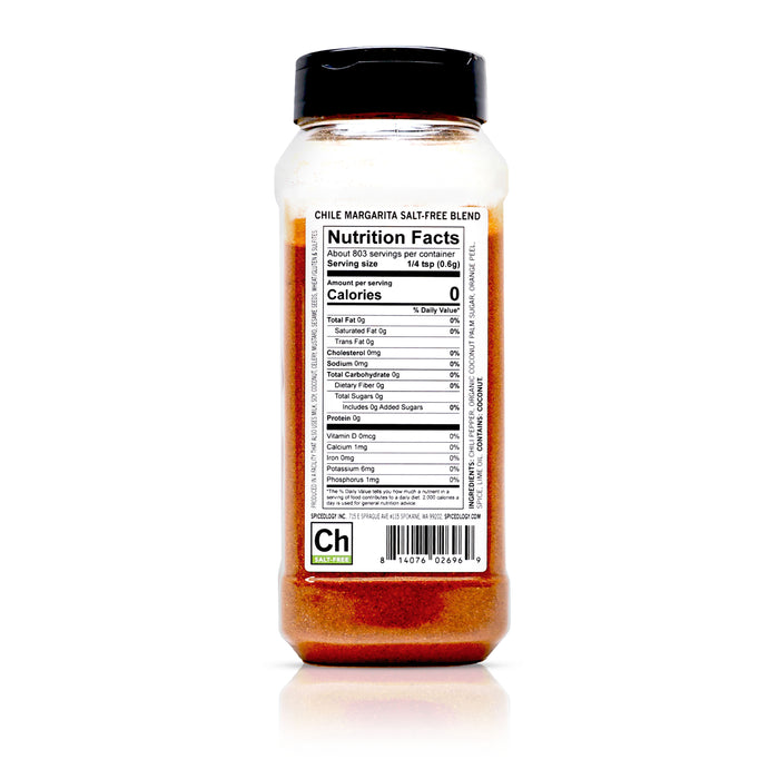 Back view of Spiceology Chile Margarita Mexican Citrus Salt-Free Blend nutrition facts and ingredient information.