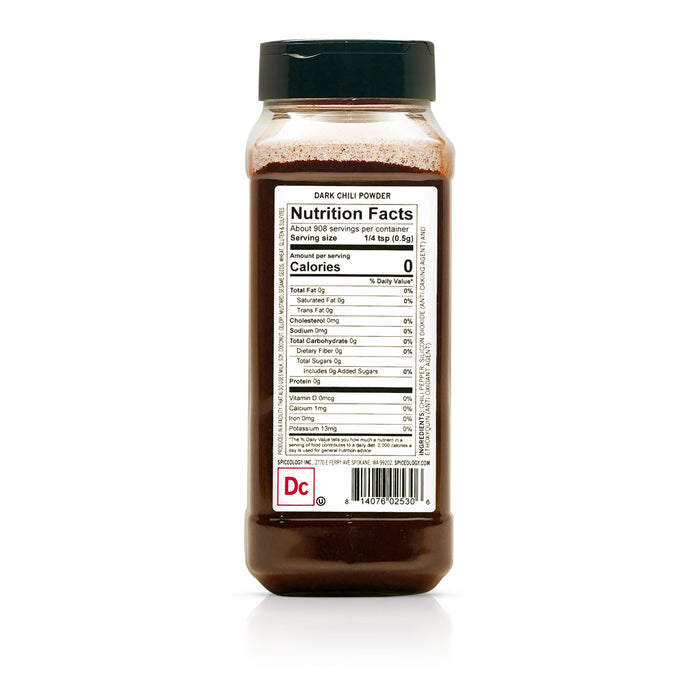 Back view of Spiceology Dark Chili Powder nutrition facts and ingredient information.